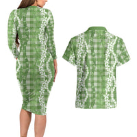 Hawaiian Ohia Lehua Lei Couples Matching Long Sleeve Bodycon Dress and Hawaiian Shirt Plaid Palaka Omaomao Pattern - Polynesian Pride