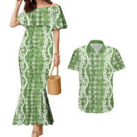 Hawaiian Ohia Lehua Lei Couples Matching Mermaid Dress and Hawaiian Shirt Plaid Palaka Omaomao Pattern - Polynesian Pride