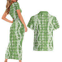 Hawaiian Ohia Lehua Lei Couples Matching Short Sleeve Bodycon Dress and Hawaiian Shirt Plaid Palaka Omaomao Pattern - Polynesian Pride