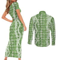 Hawaiian Ohia Lehua Lei Couples Matching Short Sleeve Bodycon Dress and Long Sleeve Button Shirt Plaid Palaka Omaomao Pattern - Polynesian Pride