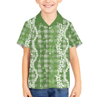 Hawaiian Ohia Lehua Lei Family Matching Off The Shoulder Long Sleeve Dress and Hawaiian Shirt Plaid Palaka Omaomao Pattern - Polynesian Pride
