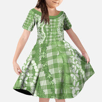 Hawaiian Ohia Lehua Lei Family Matching Off Shoulder Maxi Dress and Hawaiian Shirt Plaid Palaka Omaomao Pattern LT9 Daughter's Dress Green - Polynesian Pride