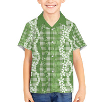Hawaiian Ohia Lehua Lei Family Matching Off Shoulder Short Dress and Hawaiian Shirt Plaid Palaka Omaomao Pattern - Polynesian Pride