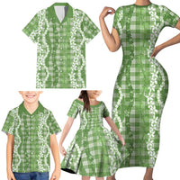 Hawaiian Ohia Lehua Lei Family Matching Short Sleeve Bodycon Dress and Hawaiian Shirt Plaid Palaka Omaomao Pattern - Polynesian Pride