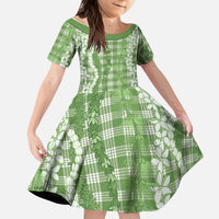 Hawaiian Ohia Lehua Lei Kid Short Sleeve Dress Plaid Palaka Omaomao Pattern LT9 KID Green - Polynesian Pride