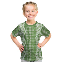 Hawaiian Ohia Lehua Lei Kid T Shirt Plaid Palaka Omaomao Pattern LT9 Green - Polynesian Pride