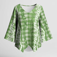Hawaiian Ohia Lehua Lei Kimono Sleeve Blouse Plaid Palaka Omaomao Pattern LT9 Female Green - Polynesian Pride