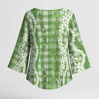 Hawaiian Ohia Lehua Lei Kimono Sleeve Blouse Plaid Palaka Omaomao Pattern LT9 - Polynesian Pride