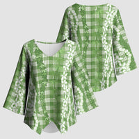 Hawaiian Ohia Lehua Lei Kimono Sleeve Blouse Plaid Palaka Omaomao Pattern LT9 - Polynesian Pride