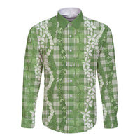 Hawaiian Ohia Lehua Lei Long Sleeve Button Shirt Plaid Palaka Omaomao Pattern LT9 Unisex Green - Polynesian Pride