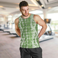 Hawaiian Ohia Lehua Lei Men Tank Top Plaid Palaka Omaomao Pattern LT9 Green - Polynesian Pride