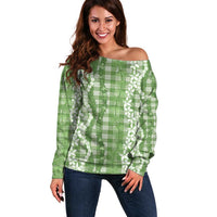 Hawaiian Ohia Lehua Lei Off Shoulder Sweater Plaid Palaka Omaomao Pattern - Polynesian Pride