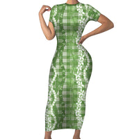 Hawaiian Ohia Lehua Lei Short Sleeve Bodycon Dress Plaid Palaka Omaomao Pattern LT9 Long Dress Green - Polynesian Pride