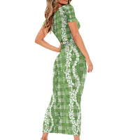 Hawaiian Ohia Lehua Lei Short Sleeve Bodycon Dress Plaid Palaka Omaomao Pattern LT9 - Polynesian Pride