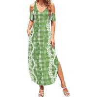 Hawaiian Ohia Lehua Lei Summer Maxi Dress Plaid Palaka Omaomao Pattern LT9 Women Green - Polynesian Pride