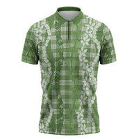 Hawaiian Ohia Lehua Lei Zipper Polo Shirt Plaid Palaka Omaomao Pattern LT9 Green - Polynesian Pride