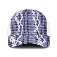 Hawaiian Ohia Lehua Lei Baseball Net Cap Plaid Palaka Uliuli hohonu Pattern LT9 One Size White Navy - Polynesian Pride