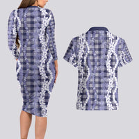 Hawaiian Ohia Lehua Lei Couples Matching Long Sleeve Bodycon Dress and Hawaiian Shirt Plaid Palaka Uliuli hohonu Pattern LT9 - Polynesian Pride