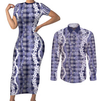 Hawaiian Ohia Lehua Lei Couples Matching Short Sleeve Bodycon Dress and Long Sleeve Button Shirt Plaid Palaka Uliuli hohonu Pattern LT9 Navy - Polynesian Pride