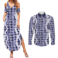 Hawaiian Ohia Lehua Lei Couples Matching Summer Maxi Dress and Long Sleeve Button Shirt Plaid Palaka Uliuli hohonu Pattern LT9 Navy - Polynesian Pride