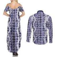 Hawaiian Ohia Lehua Lei Couples Matching Summer Maxi Dress and Long Sleeve Button Shirt Plaid Palaka Uliuli hohonu Pattern LT9 - Polynesian Pride