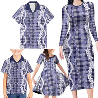 Hawaiian Ohia Lehua Lei Family Matching Long Sleeve Bodycon Dress and Hawaiian Shirt Plaid Palaka Uliuli hohonu Pattern - Polynesian Pride