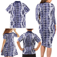 Hawaiian Ohia Lehua Lei Family Matching Long Sleeve Bodycon Dress and Hawaiian Shirt Plaid Palaka Uliuli hohonu Pattern - Polynesian Pride