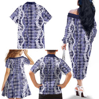 Hawaiian Ohia Lehua Lei Family Matching Off The Shoulder Long Sleeve Dress and Hawaiian Shirt Plaid Palaka Uliuli hohonu Pattern - Polynesian Pride