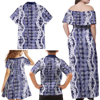 Hawaiian Ohia Lehua Lei Family Matching Off Shoulder Maxi Dress and Hawaiian Shirt Plaid Palaka Uliuli hohonu Pattern - Polynesian Pride