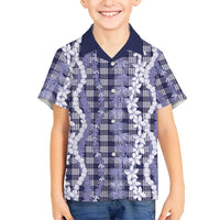 Hawaiian Ohia Lehua Lei Family Matching Off Shoulder Short Dress and Hawaiian Shirt Plaid Palaka Uliuli hohonu Pattern - Polynesian Pride