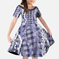 Hawaiian Ohia Lehua Lei Family Matching Puletasi and Hawaiian Shirt Plaid Palaka Uliuli hohonu Pattern LT9 Daughter's Dress Navy - Polynesian Pride