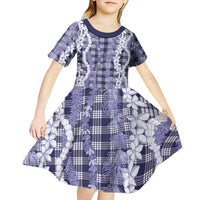 Hawaiian Ohia Lehua Lei Kid Short Sleeve Dress Plaid Palaka Uliuli hohonu Pattern LT9 - Polynesian Pride