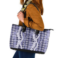 Hawaiian Ohia Lehua Lei Leather Tote Bag Plaid Palaka Uliuli hohonu Pattern LT9 Navy - Polynesian Pride