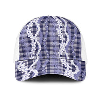 Hawaiian Ohia Lehua Lei Mesh Trucker Cap Plaid Palaka Uliuli hohonu Pattern LT9 One Size White Navy - Polynesian Pride