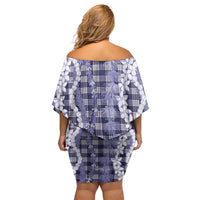 Hawaiian Ohia Lehua Lei Off Shoulder Short Dress Plaid Palaka Uliuli hohonu Pattern - Polynesian Pride