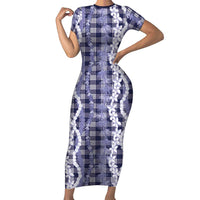 Hawaiian Ohia Lehua Lei Short Sleeve Bodycon Dress Plaid Palaka Uliuli hohonu Pattern LT9 Long Dress Navy - Polynesian Pride