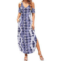 Hawaiian Ohia Lehua Lei Summer Maxi Dress Plaid Palaka Uliuli hohonu Pattern LT9 Women Navy - Polynesian Pride