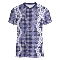 Hawaiian Ohia Lehua Lei Women V-Neck T-Shirt Plaid Palaka Uliuli hohonu Pattern LT9 Female Navy - Polynesian Pride