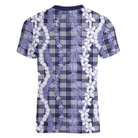Hawaiian Ohia Lehua Lei Women V-Neck T-Shirt Plaid Palaka Uliuli hohonu Pattern LT9 - Polynesian Pride