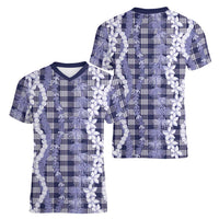 Hawaiian Ohia Lehua Lei Women V-Neck T-Shirt Plaid Palaka Uliuli hohonu Pattern LT9 - Polynesian Pride