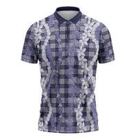 Hawaiian Ohia Lehua Lei Zipper Polo Shirt Plaid Palaka Uliuli hohonu Pattern LT9 Navy - Polynesian Pride