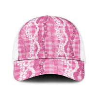 Hawaiian Ohia Lehua Lei Baseball Net Cap Plaid Palaka Akala Pattern LT9 One Size White Pink - Polynesian Pride