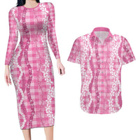 Hawaiian Ohia Lehua Lei Couples Matching Long Sleeve Bodycon Dress and Hawaiian Shirt Plaid Palaka Akala Pattern - Polynesian Pride