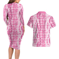 Hawaiian Ohia Lehua Lei Couples Matching Long Sleeve Bodycon Dress and Hawaiian Shirt Plaid Palaka Akala Pattern - Polynesian Pride