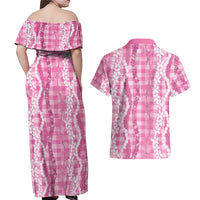 Hawaiian Ohia Lehua Lei Couples Matching Off Shoulder Maxi Dress and Hawaiian Shirt Plaid Palaka Akala Pattern LT9 - Polynesian Pride