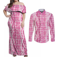 Hawaiian Ohia Lehua Lei Couples Matching Off Shoulder Maxi Dress and Long Sleeve Button Shirt Plaid Palaka Akala Pattern - Polynesian Pride