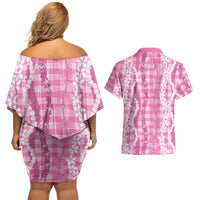 Hawaiian Ohia Lehua Lei Couples Matching Off Shoulder Short Dress and Hawaiian Shirt Plaid Palaka Akala Pattern LT9 - Polynesian Pride