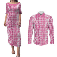 Hawaiian Ohia Lehua Lei Couples Matching Puletasi and Long Sleeve Button Shirt Plaid Palaka Akala Pattern LT9 Pink - Polynesian Pride