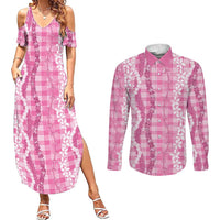 Hawaiian Ohia Lehua Lei Couples Matching Summer Maxi Dress and Long Sleeve Button Shirt Plaid Palaka Akala Pattern LT9 Pink - Polynesian Pride