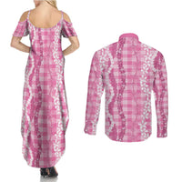 Hawaiian Ohia Lehua Lei Couples Matching Summer Maxi Dress and Long Sleeve Button Shirt Plaid Palaka Akala Pattern LT9 - Polynesian Pride